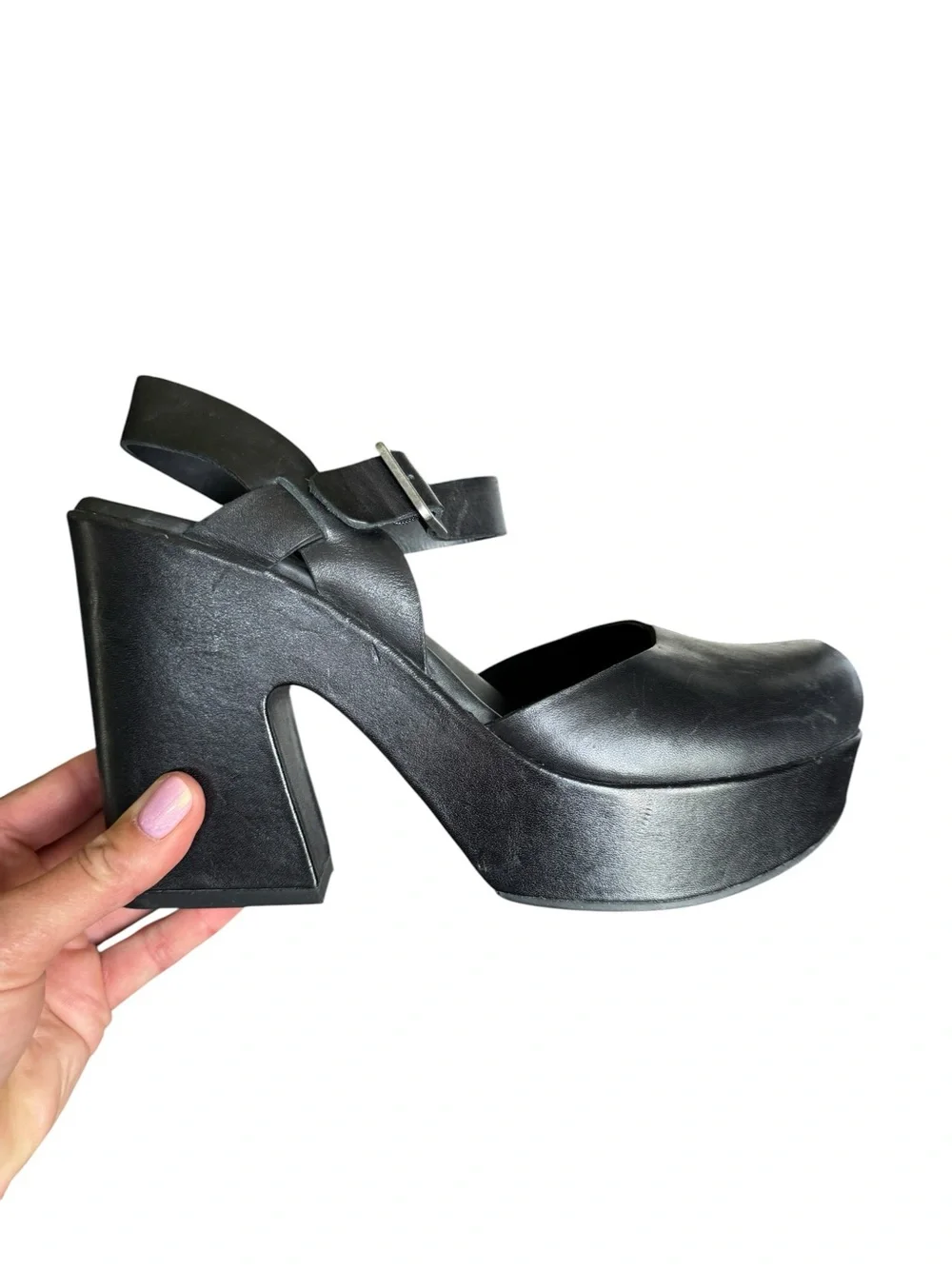 Kork-Ease Black Leather Platform Mary Jane Heels Chunky Y2K Size 11